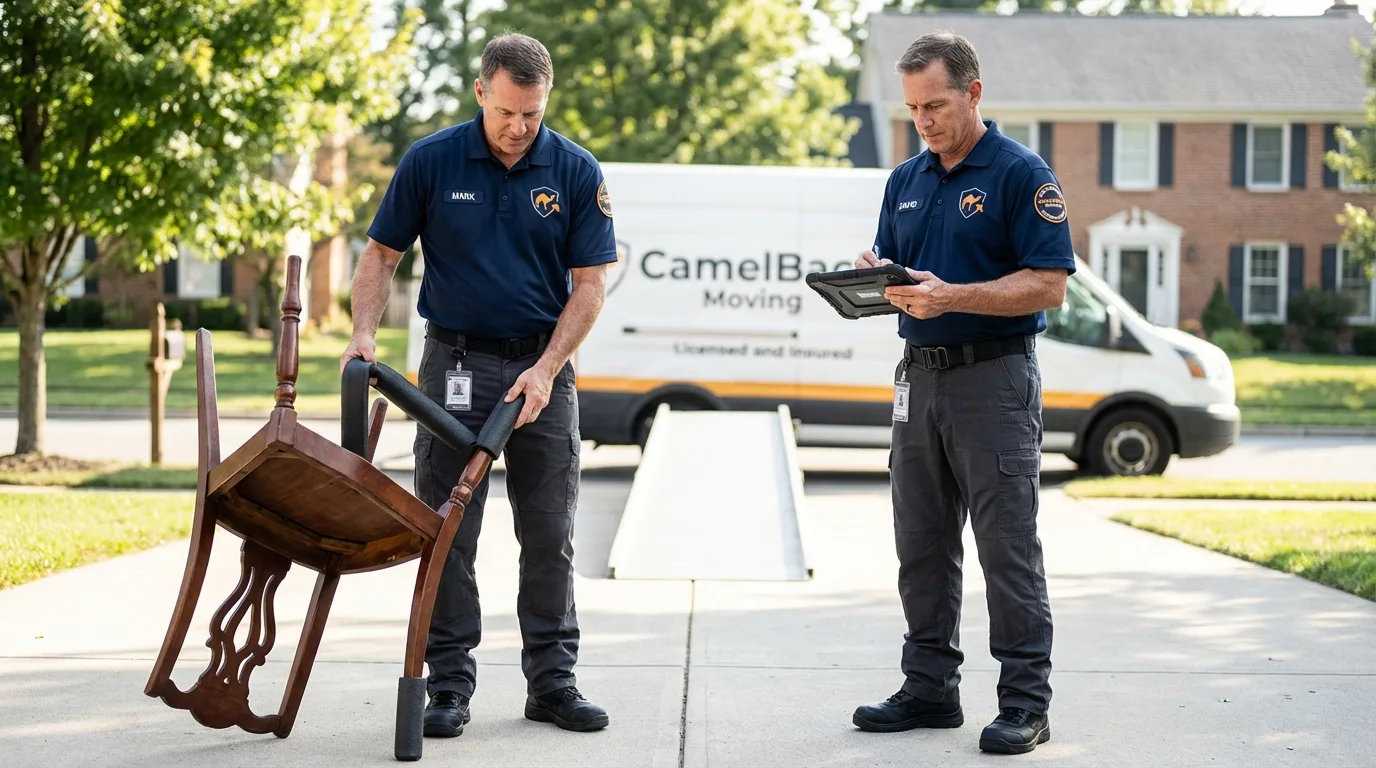 Movers inspecting furniture for damage prevention before loading in Abbeville, GA
