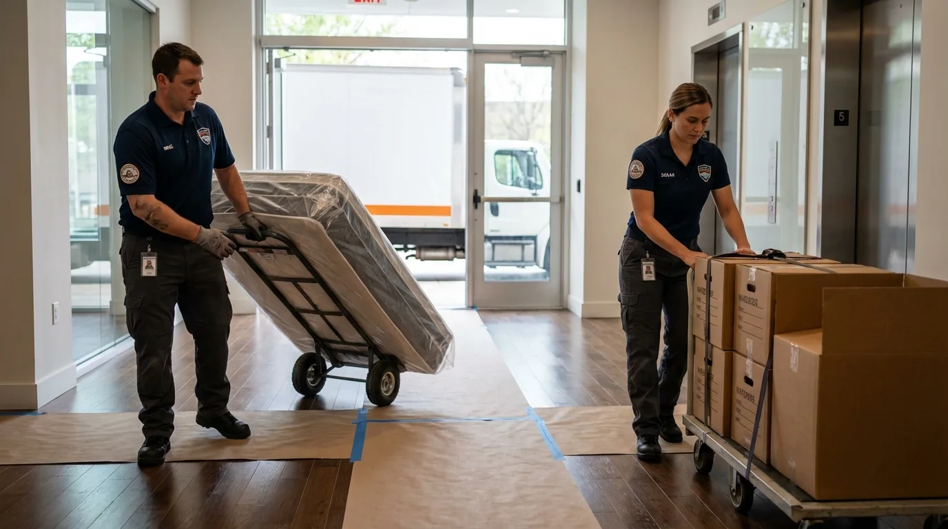 Professional apartment movers loading elevator in Abbeville, GA