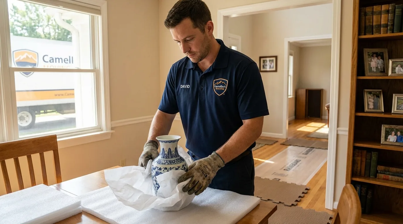 Professional crew carefully wrapping antique vase for senior downsizing move in Abbeville, GA